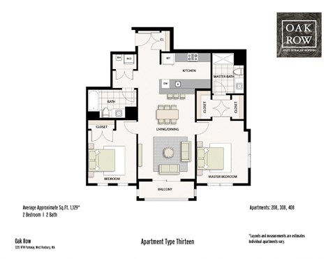 Floor plan for 2 beds, 2 baths, 1141 sqft